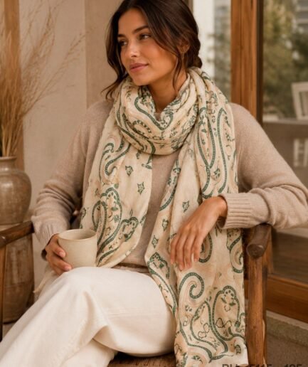 Pashmina de Algodón con Estampado Paisley y Detalles en Verde Bosque BU5115