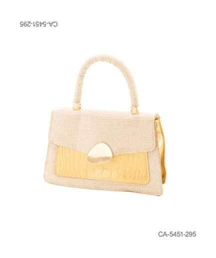 Cartera De Mano Rafia Beige Con Panel Amarillo Croco Y Broche Dorado CA5451
