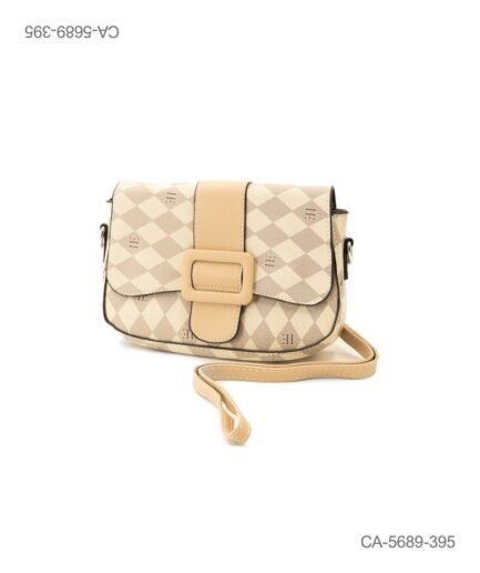 Cartera Bandolera "Geo Retro" – Estampa de Rombos, Tira Central Nude con Hebilla Revestida y Correa Regulable CA5689