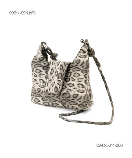 Cartera Bandolera Hobo – Animal Print de Leopardo Gris, Textura Velvet y Moño CAR5611