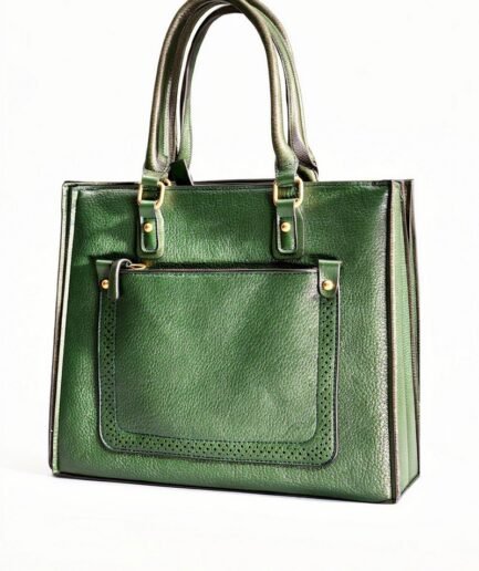 Cartera de cuero verde con asas resistentes y herrajes dorados CAR002