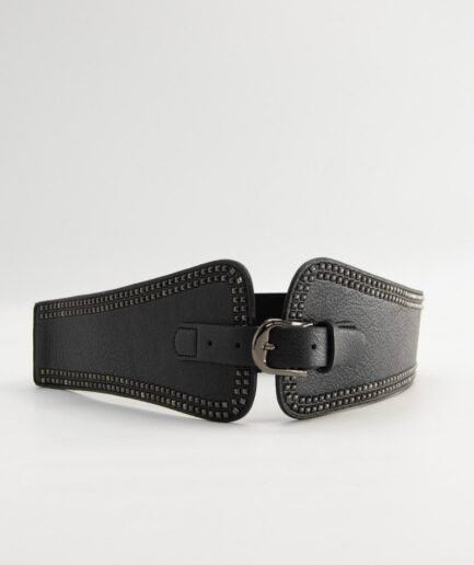 Cinturón ancho negro con hebilla plateada y tachas cuadradas CIN008
