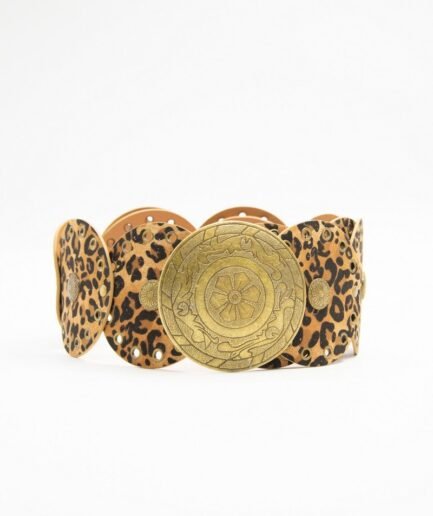 Cinturón con placas animal print y discos de bronce grabados CIN010