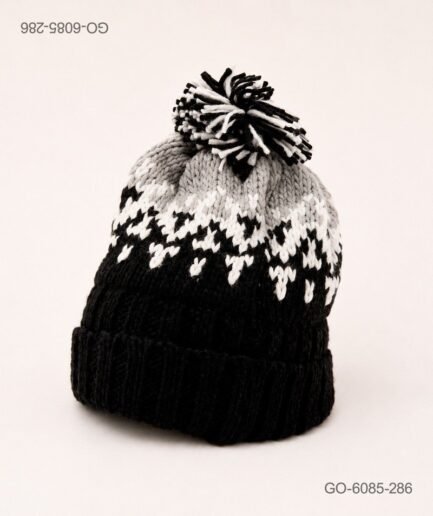 Gorro con Pompón en Lana Tejida con Diseño – Color Negro/Gris GO6085