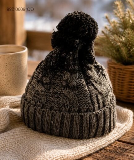 Gorro con Pompón en Lana Tejida con Trenzas – Color Gris Oscuro GO6090