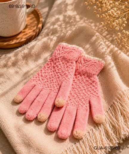 Guantes de Punto con Patrón Geométrico y Punta en Contraste - Rosa/Beige GUA6176