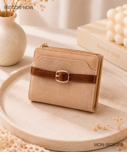 Billetera Corta Bifold para Mujer con Textura de Gamuza y Cinto de Contraste MON5822