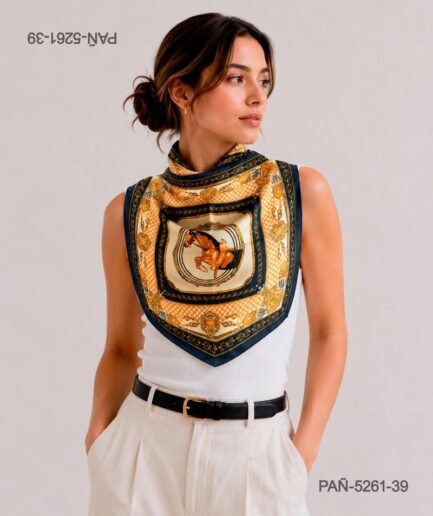 "Pañuelo de seda en tonos azul marino y dorado con diseño ecuestre PAÑ5261
