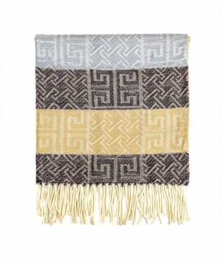 Pashmina con diseño geométrico en tonos azul, marrón y mostaza con flecos PAS029