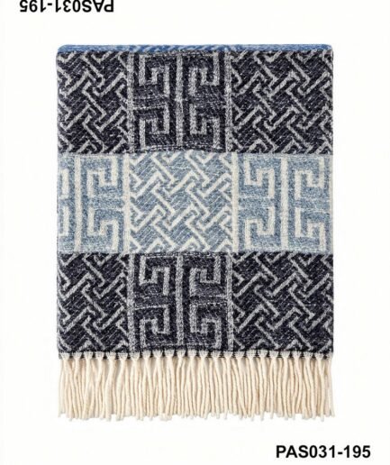 Pashmina de diseño geométrico en tonos azules con flecos PAS031