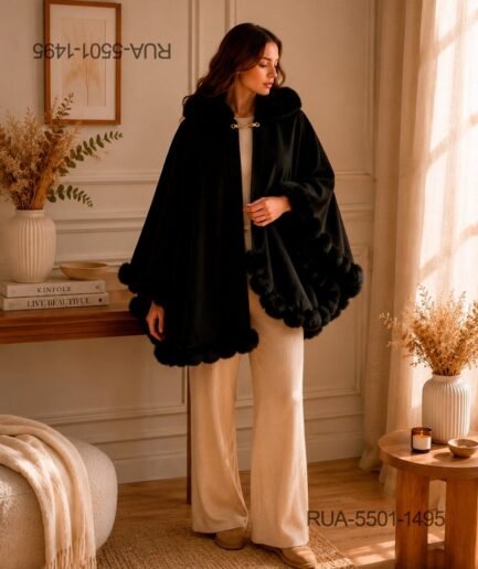 Capa Saco De Abrigo Elegante Fiesta Con Aplique Pelo Negro RUA5501