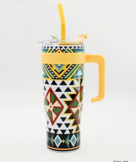 Vaso térmico con asa y sorbete diseño patrones geométricos T301