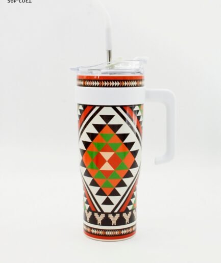 Vaso térmico con asa y sorbete diseño patrones geométricos T302