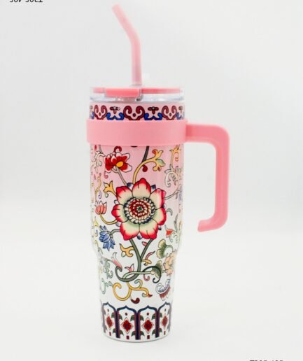 Vaso térmico con asa y sorbete diseño floral T305