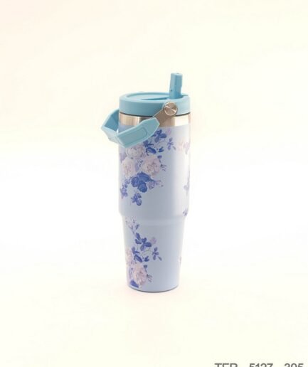Mug Térmico Celeste con Estampado Floral y Asa Rebatible TER5127