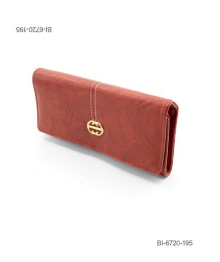 Billetera larga de cuerina con solapa y herraje metálico circular dorado (color rojo/bordó) BI6720