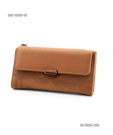 Billetera larga de eco-cuero para dama con solapa combinada y detalle de hebilla metálica rectangular (color marrón / caramelo) BI6859