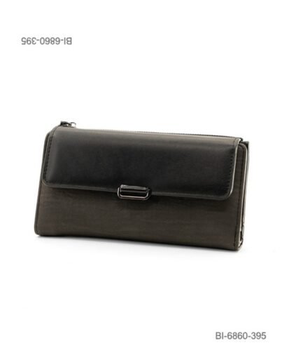 Billetera larga de eco-cuero para dama con solapa combinada y detalle de hebilla metálica rectangular (color negro / gris oscuro) BI6860