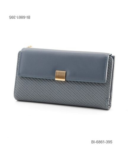 Billetera larga de eco-cuero para dama con solapa combinada y detalle metálico rayado (color azul grisáceo / gris) BI6861