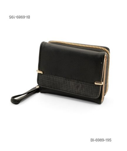 Billetera compacta de eco-cuero para dama con solapa combinada, textura de tela y detalles metálicos en los extremos (color negro) BI6989