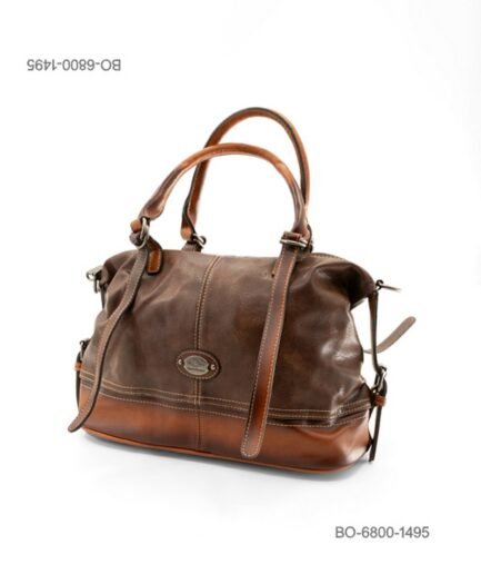 Bolso de mano estructurado de eco-cuero para dama con diseño combinado en tonos gris y marrón, costuras decorativas, asas dobles y detalle de placa metálica frontal BO6800