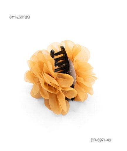 Broche para el cabello con diseño de flor de tela (organza o gasa) en color amarillo o mostaza y estructura interna negra BR6971