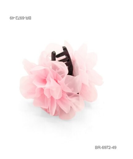 Broche para el cabello con diseño de flor de tela (organza o gasa) en color rosa y estructura interna negra BR6972
