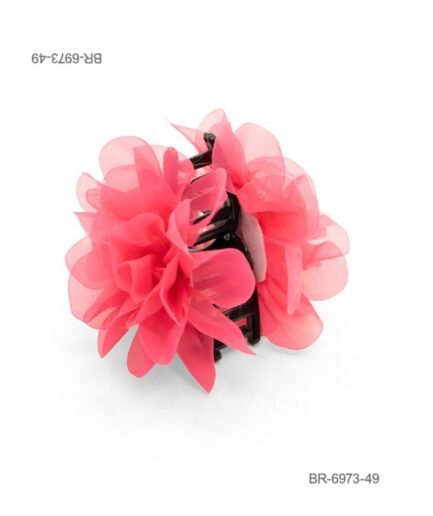 Broche para el cabello con diseño de flor de tela (organza o gasa) en color fucsia y estructura interna negra BR6973