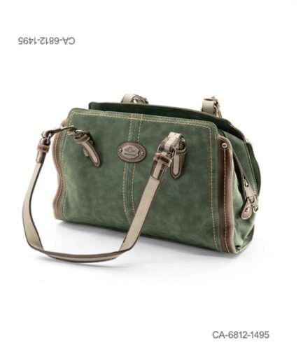 Cartera de mano estructurada de eco-cuero para dama con diseño clásico en tono verde, costuras decorativas, asas dobles combinadas y detalle de placa metálica frontal CA6812
