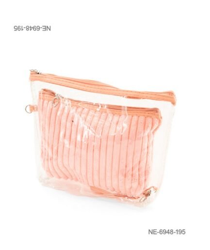 Set de dos neceseres o estuches para dama compuesto por un bolso exterior transparente con cierre superior y ribetes en color salmón / coral, y un estuche interior de tela suave y acanalada con cierre NE6948