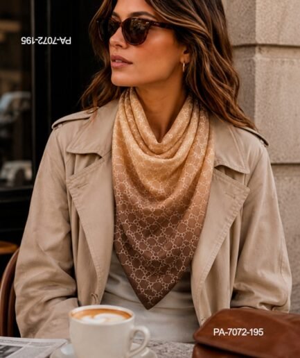 Pañuelo de cuello de diseño elegante en tonos degradados de beige a marrón con estampado geométrico de eslabones u ovals entrelazados PA7072