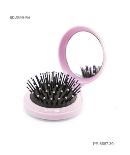 Cepillo de cabello plegable de bolsillo con espejo integrado y cerdas con puntas lilas, en carcasa redonda de color rosa PE6687