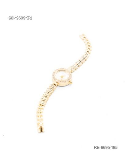 Reloj de pulsera para mujer de diseño elegante en color dorado, con caja circular ornamentada con un doble cerco de pedrería brillante RE6695