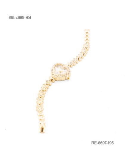 Reloj de pulsera para mujer de diseño elegante en color dorado, con caja en forma de corazón ornamentada con pedrería brillante RE6697