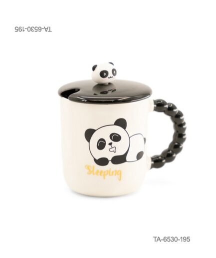 Taza o jarra de cerámica para té o café con diseño tierno de un oso panda recostado, inscripción "Sleeping", mango negro con relieve de esferas, tapa negra a juego con figura decorativa de panda y cuchara TA6530
