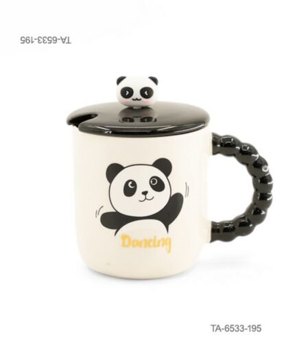 Taza o jarra de cerámica para té o café con diseño tierno de un oso panda bailando, inscripción "Dancing", mango negro con relieve de esferas, tapa negra a juego con figura decorativa de panda y cuchara TA6533