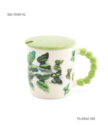Taza o jarra de cerámica para té o café con diseño de mariposas verdes, mango verde con relieve de esferas, tapa verde a juego y cuchara TA6540