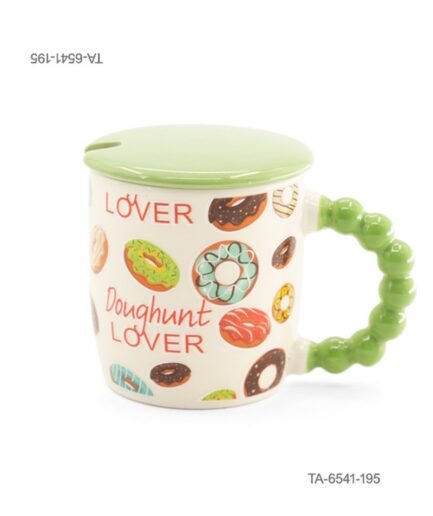 Taza o jarra de cerámica para té o café con diseño de donas surtidas y la inscripción "Doughunt LOVER", mango verde con relieve de esferas, tapa verde a juego y cuchara TA6541