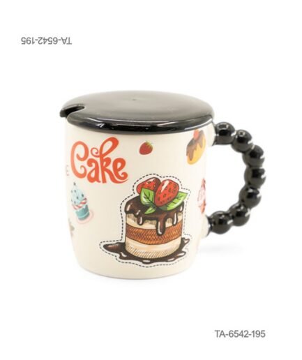 Taza o jarra de cerámica para té o café con diseño de pastel con chocolate y fresas, la inscripción "Cake", mango negro con relieve de esferas, tapa negra a juego y cuchara TA6542