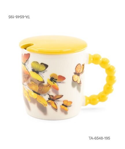 Taza o jarra de cerámica para té o café con diseño de mariposas amarillas y naranjas, mango amarillo con relieve de esferas, tapa amarilla a juego TA6548