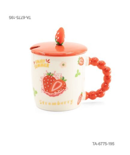 Taza o jarra de cerámica para té o café con diseño de fresas, salpicaduras, las inscripciones "ENJOY SUMMER" y "Strawberry", mango rojo con relieve de esferas, tapa roja a juego con figura decorativa de fresa TA6775