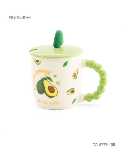 Taza o jarra de cerámica para té o café con diseño de aguacates, hojas, las inscripciones "I LOVE SUMMER" y "Avocado", mango verde con relieve de esferas, tapa verde a juego con figura decorativa de aguacate TA6776