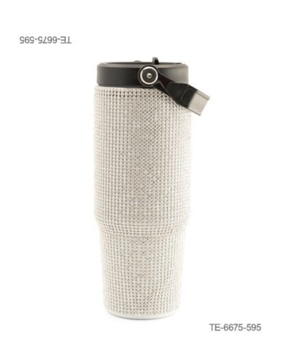 Vaso térmico de acero completamente cubierto de brillantes o pedrería, con tapa negra a rosca y asa articulada flexible TE6675