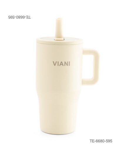 Vaso térmico o jarra con asa lateral, tapa con boquilla o sorbete incorporado, la inscripción "VIANI" sobre fondo beige o marfil TE6680