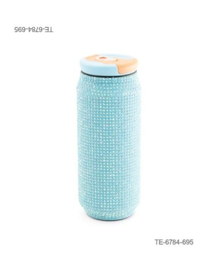 Vaso térmico o botella con formato de lata, completamente cubierto de brillantes o pedrería rosa, tapa superior a presión en tonos pastel y presilla de transporte TE6784