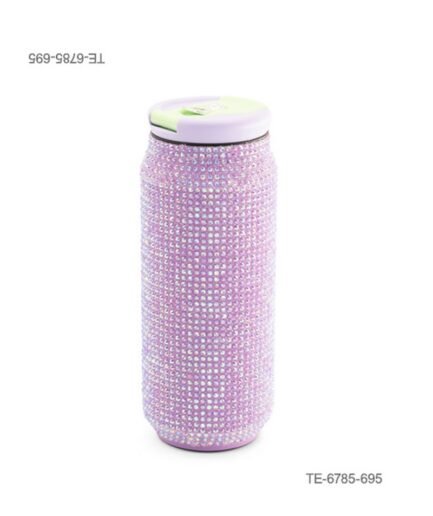 Vaso térmico o botella con formato de lata, completamente cubierto de brillantes o pedrería rosa, tapa superior a presión en tonos pastel y presilla de transporte TE6785