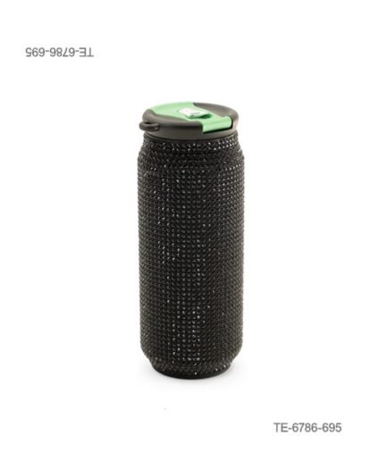 Vaso térmico o botella con formato de lata, completamente cubierto de brillantes o pedrería rosa, tapa superior a presión en tonos pastel y presilla de transporte TE6786