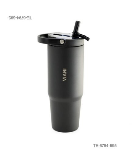 Vaso térmico de acero con la inscripción "VIANI", tapa negra con sorbete rebatible y asa circular integrada TE6794