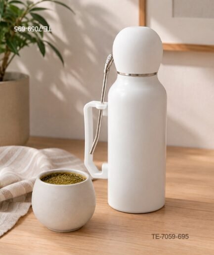 Termo metálico para mate con asa lateral incorporada, soporte para bombilla, tapa redonda tipo tapón y bombilla de metal incluida TE7059
