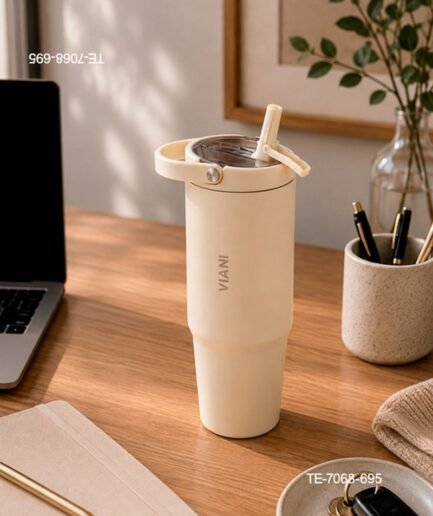 Vaso térmico de acero con la inscripción "VIANI", tapa con sorbete rebatible y asa circular integrada TE7068
